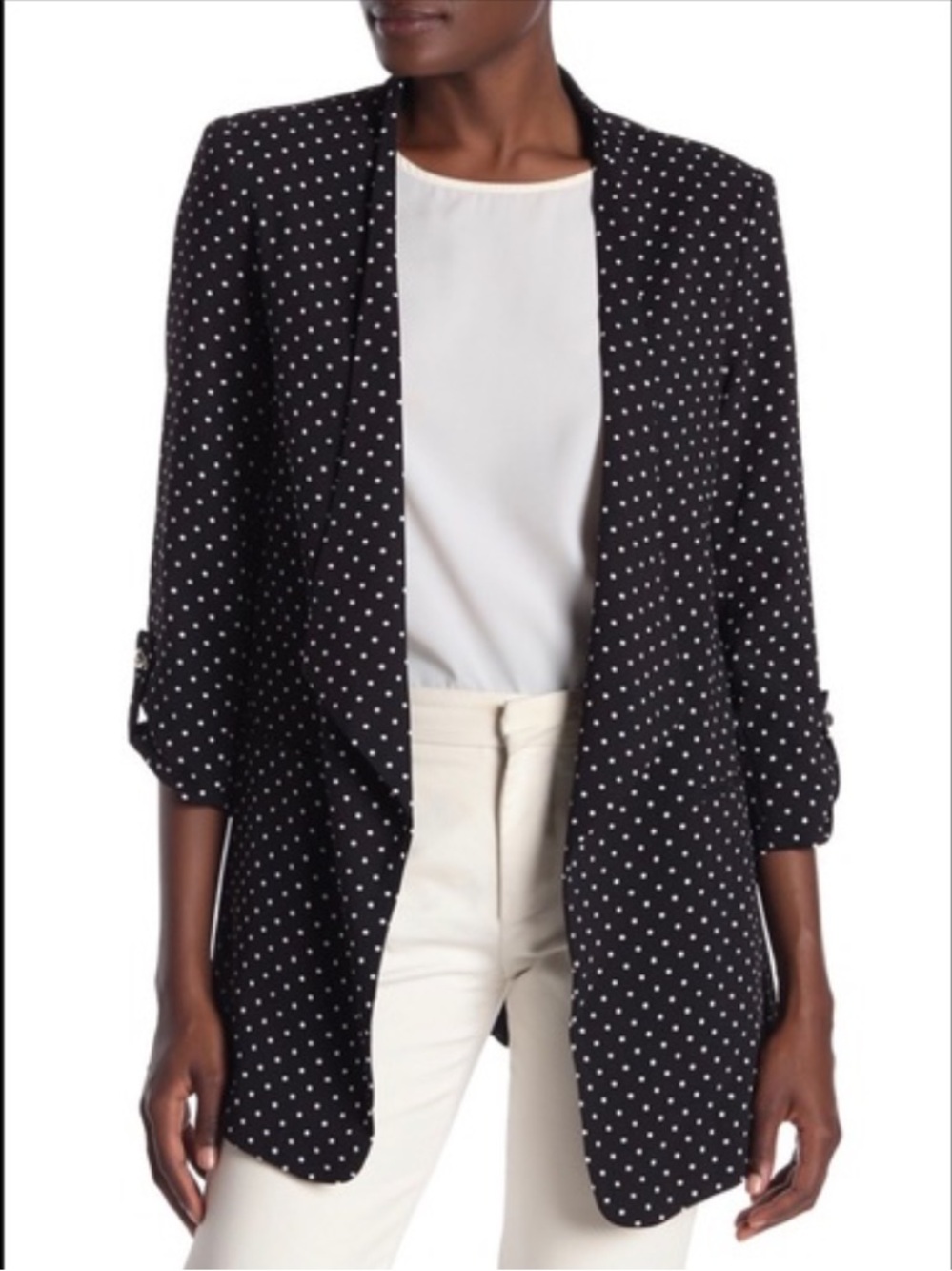 Philosophy Black Polka Dot Tab Sleeve Open Front Blazer Size Medium - Picture 2 of 12